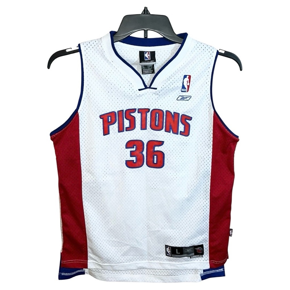 Reebok Jersey Kids Size 14/16 White Red Blue Authentic Rasheed Wallace Pistons